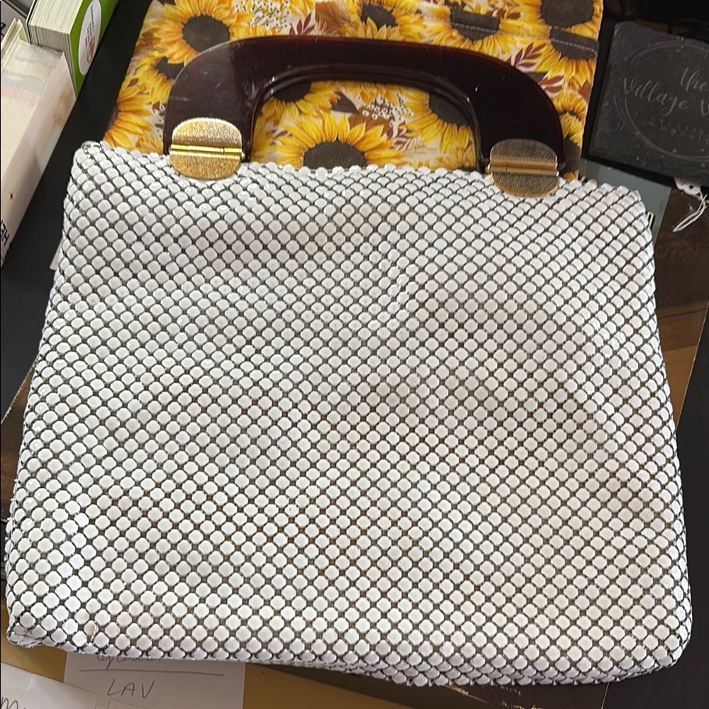 Elegant White and Brown Handbag with Gold Accents